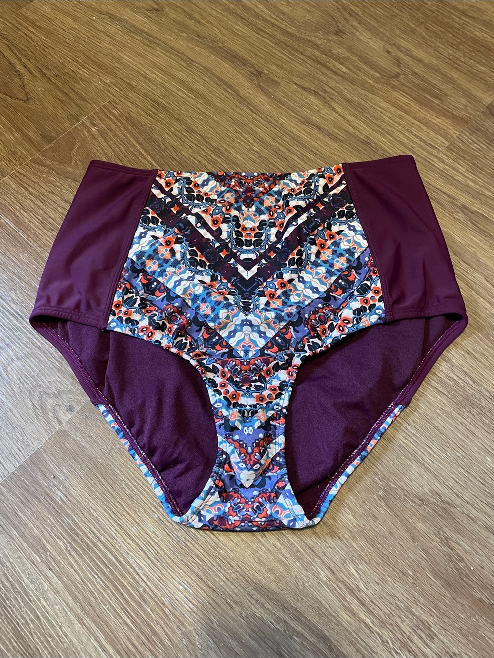 Athleta Marrakesh High-Waist Bikini Bottoms in Burgundy and Multi-Color Print